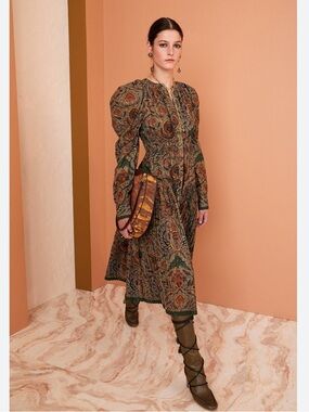 SOLD Ulla Johnson anoush Vintage-Inspired Green Floral Midi Dress